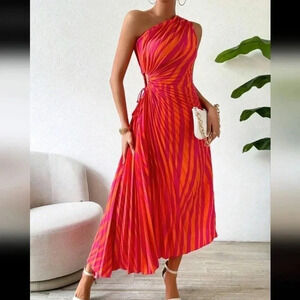 Casual Striped & Printed One Shoulder Sleeveless Dress With Pleate